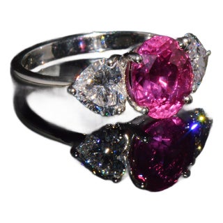 Late 20th Century Gia 4.47Cts No-Heat Mozambique Ruby & D Vvs2 Heart Diamond Platinum Three Stone Ring, Size 6 For Sale