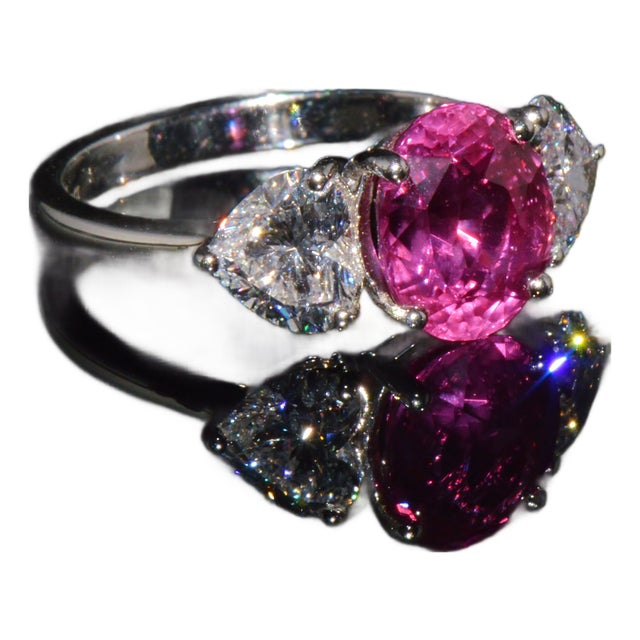 Late 20th Century Gia 4.47Cts No-Heat Mozambique Ruby & D Vvs2 Heart Diamond Platinum Three Stone Ring, Size 6 For Sale