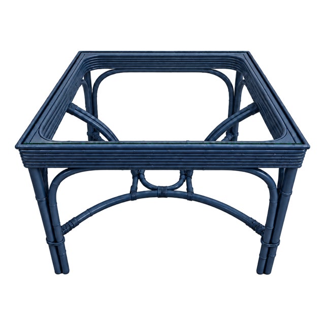 Navy Rattan Square Table With Glass Top For Sale