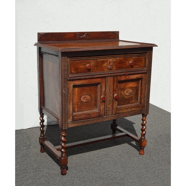 Mission Vintage Mission Barley Twist Oak Server Cabinet ~ Sideboard Buffet Side Table For Sale - Image 3 of 14