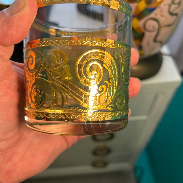 Metal 1960s Culver Hand Painted 18k Gold Green Glass Swirl Motif Cocktail Rocks Glasses Set of 6 Signed For Sale - Image 7 of 7