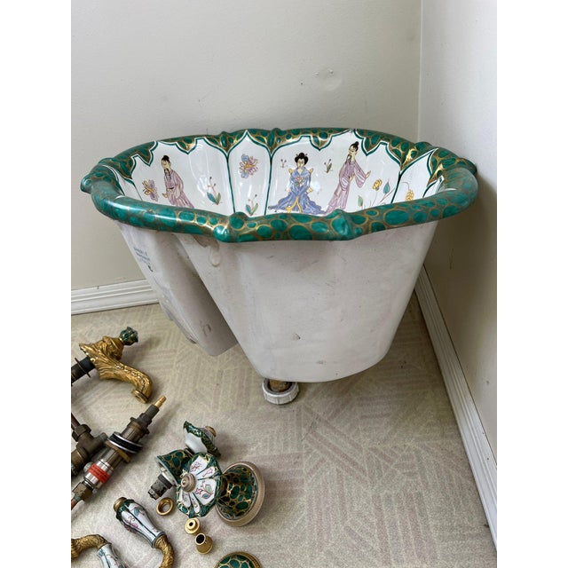Vintage Sherle Wagner Chinoiserie Hand-Painted Porcelain Sink & Gilt Faucet Set For Sale - Image 12 of 16