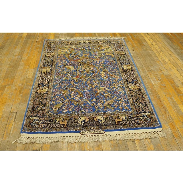 1940s Blue Animalia Antique Persian Isfahan Rug 3' 2" X 5' 6" Silk Wool Handknotted Carpet For Sale - Image 4 of 8