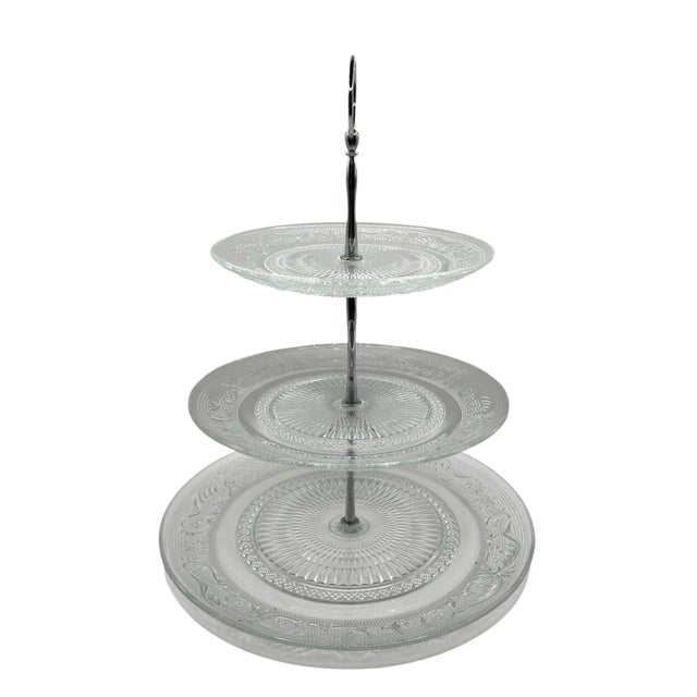 Mid-Century Modern Vintage 3-Tier Pressed Glass Serving Stand For Sale - Image 3 of 12