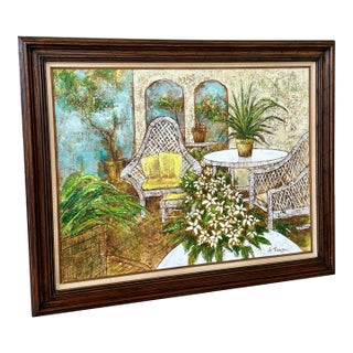 Vintage Coastal Boho Veranda Still Life Wood Framed Oil Painting on Canvas Signed For Sale