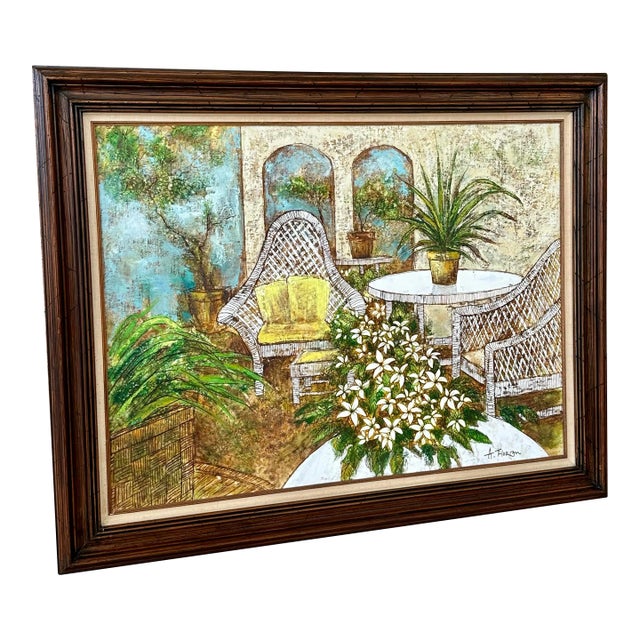 Vintage Coastal Boho Veranda Still Life Wood Framed Oil Painting on Canvas Signed For Sale