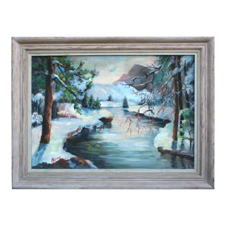 Mountain Stream in Snow, Mid Century Yosemite Winter Landscape by Rowena Lung Alcorn For Sale
