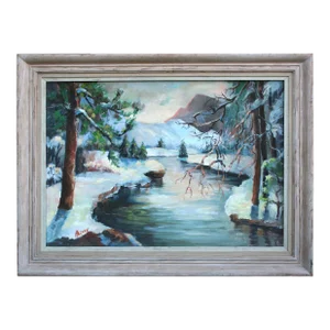 Mountain Stream in Snow, Mid Century Yosemite Winter Landscape by Rowena Lung Alcorn