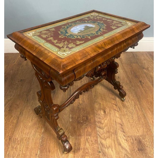 Metal Victorian Walnut Side Table with Whitby Abbey Eglomise Reverse Painting, 1840 For Sale - Image 7 of 15