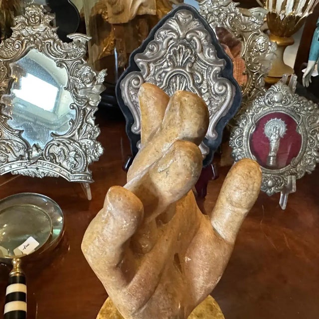 Sculpture Materials 1930s Hand-Painted School Study Plaster Hand on a Faux Marble Painted Wood Base For Sale - Image 7 of 11