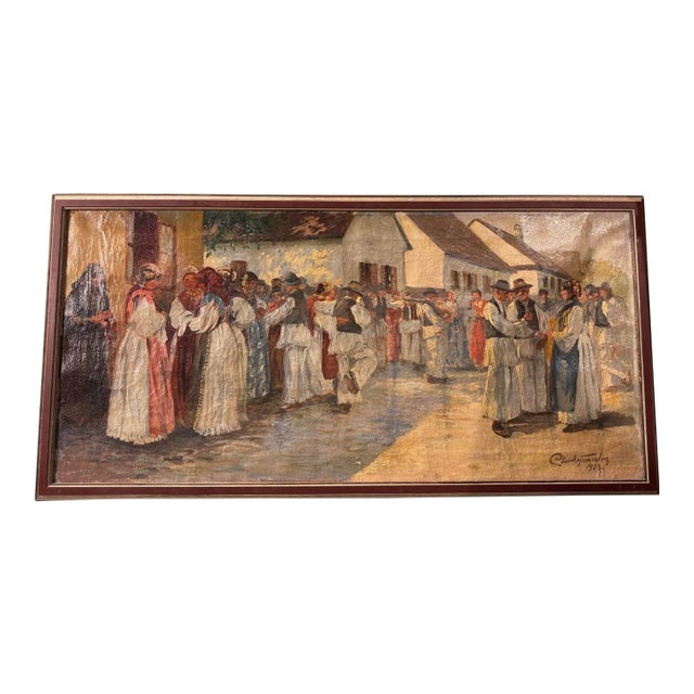 Vintage Artist Signed 1923 Landscape Street Scene People Oil Painting on Canvas, Framed For Sale