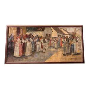 Vintage Artist Signed 1923 Landscape Street Scene People Oil Painting on Canvas, Framed