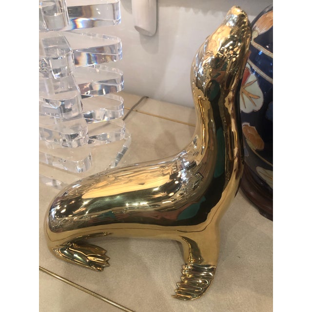 Vintage Polished Brass Seal Animal Statue For Sale - Image 4 of 9