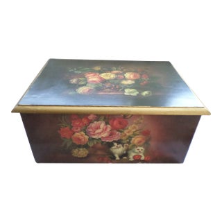 Vintage Wood Keepsake / Storage Box With Kittens in Flowers For Sale