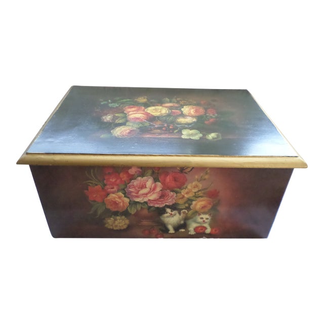 Vintage Wood Keepsake / Storage Box With Kittens in Flowers For Sale