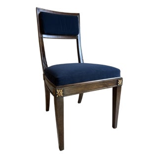 Jonathan Charles Open Back Dining Chair, Custom Blue Velvet Upholstery, Bleached Crotch Walnut Finish, Gold Accents For Sale