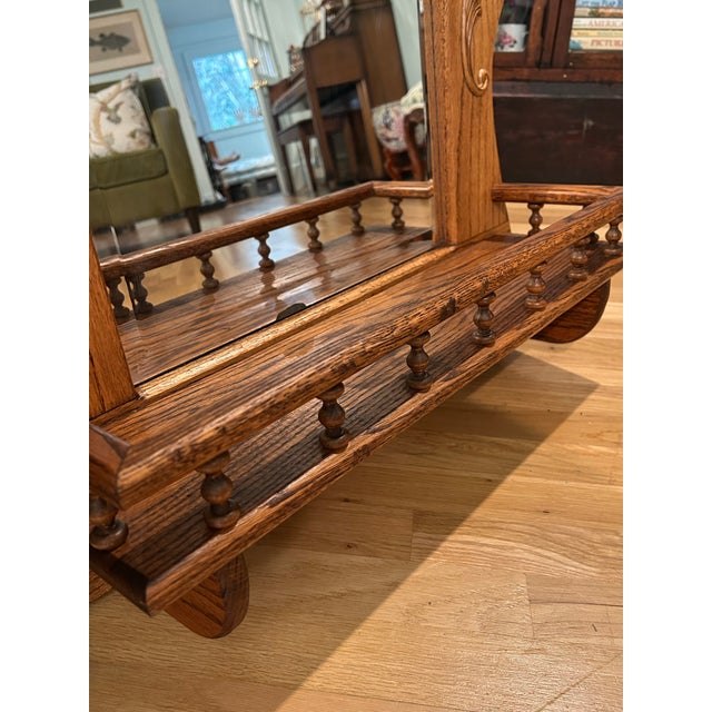 1950’s Solid Oak Framed Beveled Wall Mirror With Gallery Shelf and Carved Appliqué For Sale - Image 4 of 11