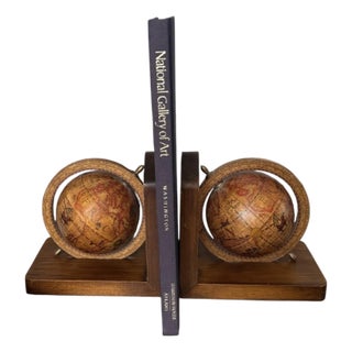 Italian Rotating Globe Bookends on Wood Bases, C. 1970's For Sale