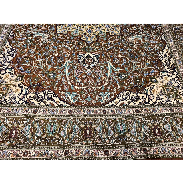 Vintage Persian Tabriz Rug, Hand-Knotted Wool, Mythical Firebird Motif, Brown & Ivory, 10x13 For Sale - Image 11 of 15
