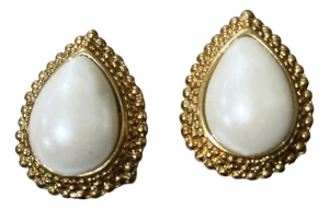 Vintage Faux Pearl Earrings Pear Shape Rhinestones Clip on Gold Tone