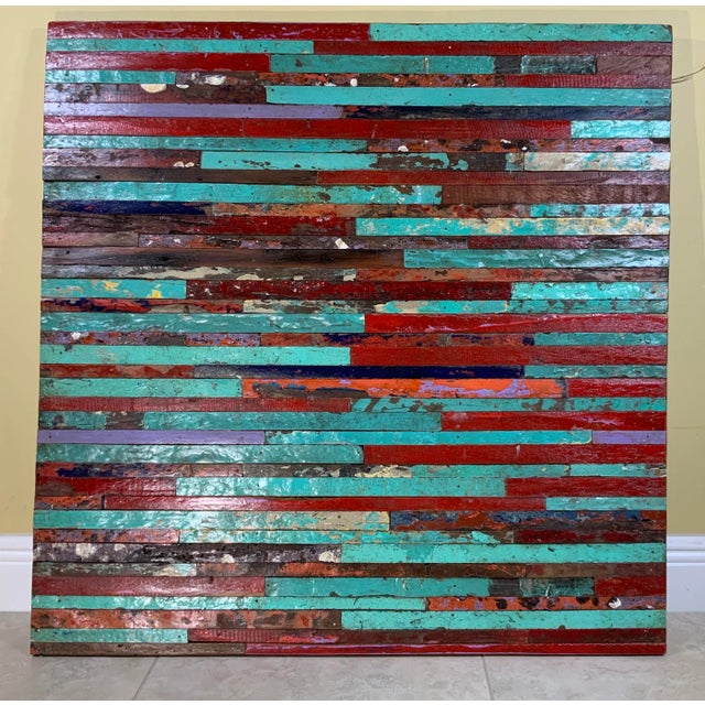 Teal Abstract Reclaimed Wood Wall Sculpture For Sale - Image 8 of 13