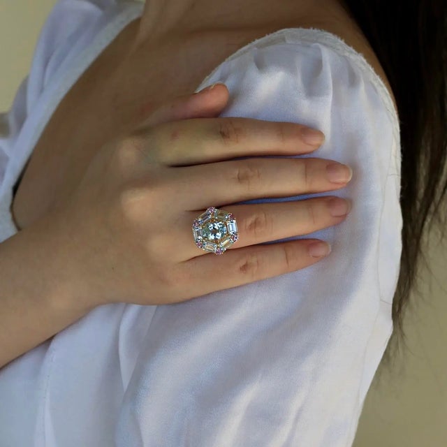 Nina Zhou Margeret Aquamarine Pink Sapphire Cocktail Ring in 14k Yellow Gold Ring, size 7.5 For Sale - Image 10 of 10