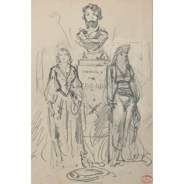 Alfred Grevin, The Statue and Women, Original Drawing, Late 19th-Century For Sale