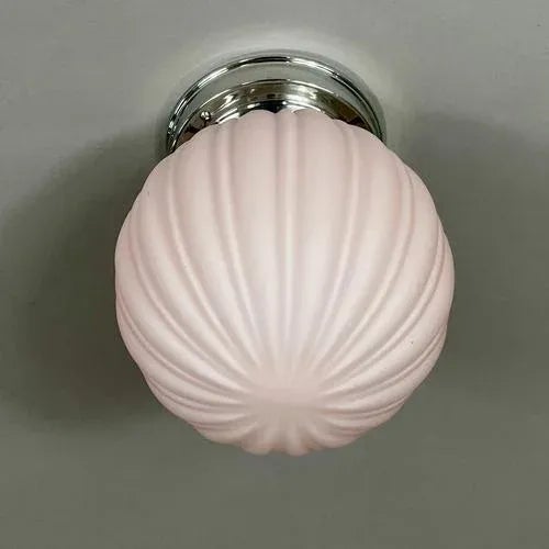 Art Deco Pink Frosted Glass and Chrome Globe Flush Mount, Sweden, 1940s For Sale - Image 4 of 13