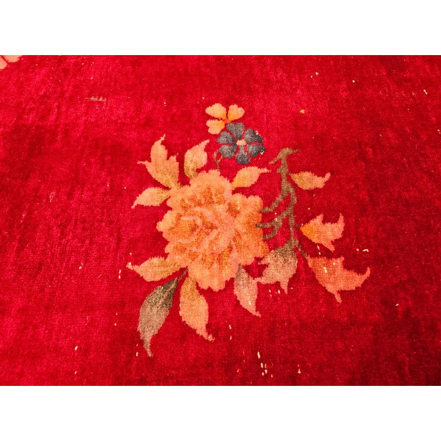 Textile Antique Chinese Art Deco Rug, Hand-Knotted Wool, Crimson Floral Design, 10x14 For Sale - Image 7 of 18