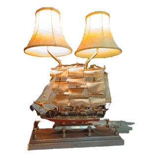 Rare Vintage Collectable Table Electric Ship Lamp Antique Bell Shape Shades For Sale