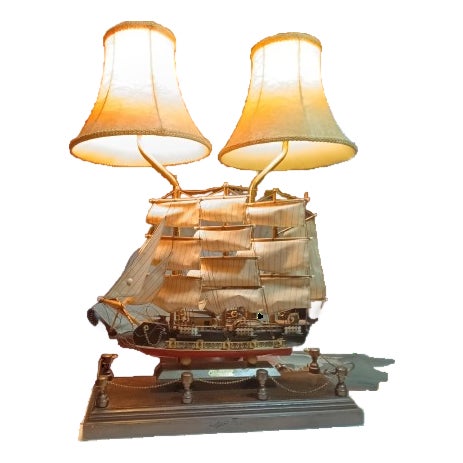 Rare Vintage Collectable Table Electric Ship Lamp Antique Bell Shape Shades For Sale