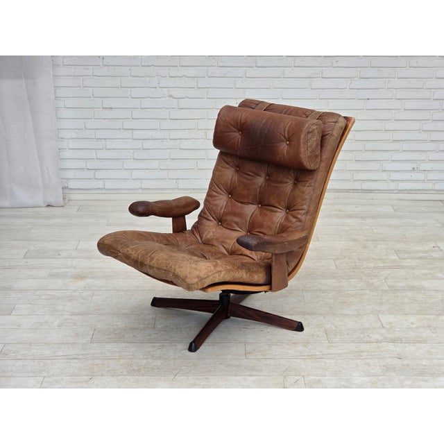 Scandinavian Swivel Armchair in Brown Furniture Leather, 1960s For Sale - Image 13 of 16