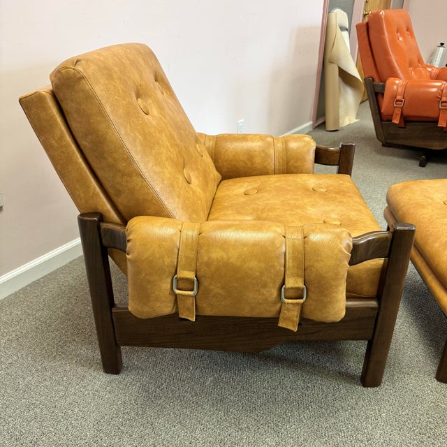 Jean Gillon Vintage Tan Vinyl and Walnut Armchair & Ottoman For Sale - Image 4 of 12
