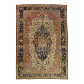 Antique Persian Mohtasham Kashan Rug, Handmade Oriental Rug, Ivory, Navy, Rust For Sale