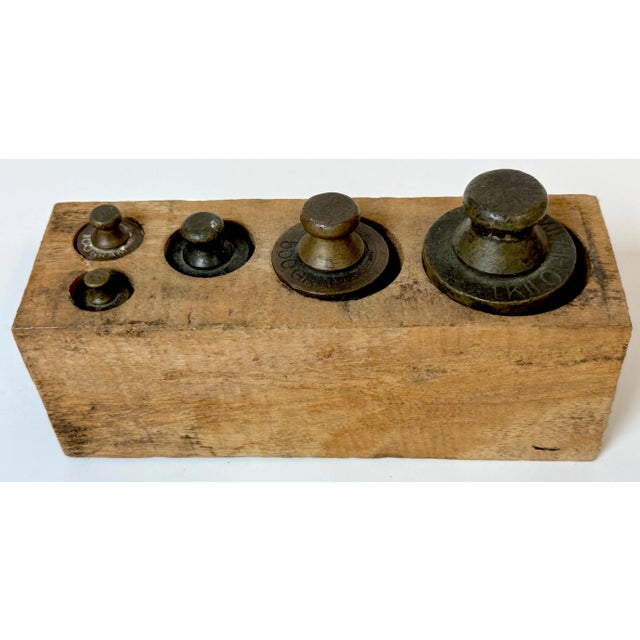 Five 19th C. French Bronze Metric (Apothecary ) Weights, Original Wooden Block For Sale - Image 4 of 8