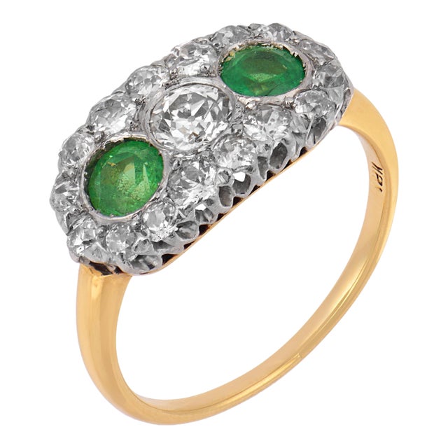 1910s Edwardian Diamond Demantoid Garnet 18k Yellow Gold Platinum Ring, Size 5.25 For Sale