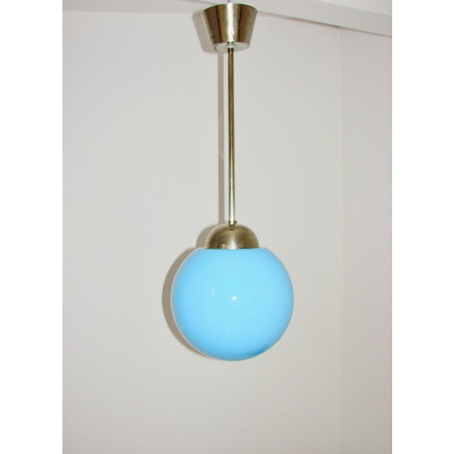 Metal Pendant Lamp with Blue Glass Shade, 1940s. For Sale - Image 7 of 8