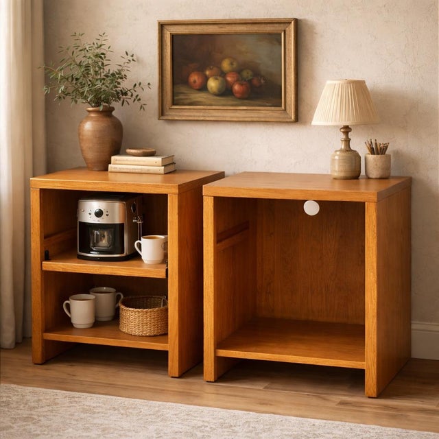 Pair of 1990s Oak Modular Utility Cabinets. A highly functional pair of late-20th-century oak cabinets with clean...
