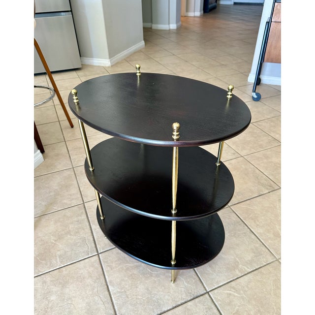 Wood English Campaign Style Oval Wood & Brass 3-Tier Side Table For Sale - Image 7 of 18