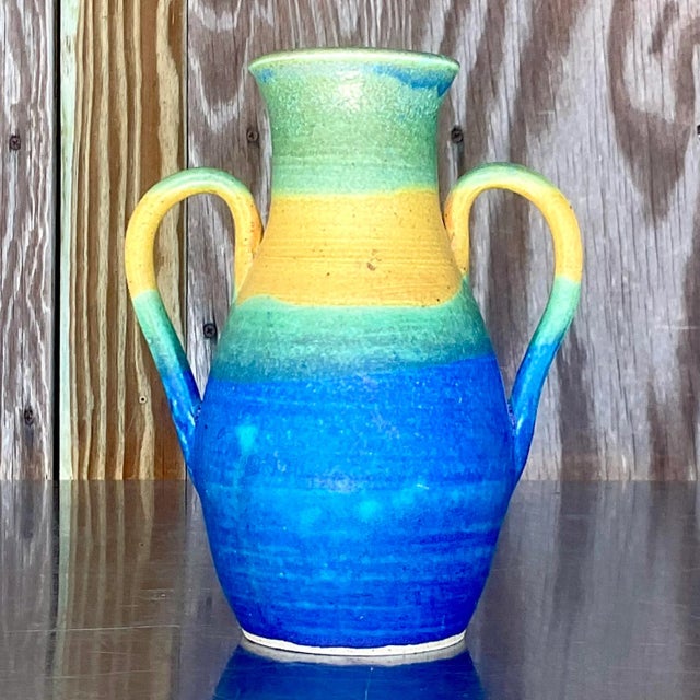 Blue Vintage Boho Signed Studio Pottery Vase For Sale - Image 8 of 8