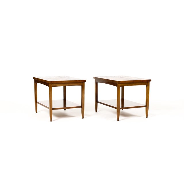 Mid-Century Modern Mid Century Vintage Attributed to Lane Monte Carlo Walnut Rectangular End Tables — Tile Top Inlay — Pair For Sale - Image 3 of 7