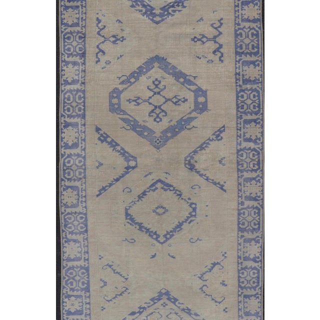 Tribal Turkish Oushak Gallery Rug in Blue and Cream With Geometric Design 4'6 X 12'6 For Sale - Image 3 of 12