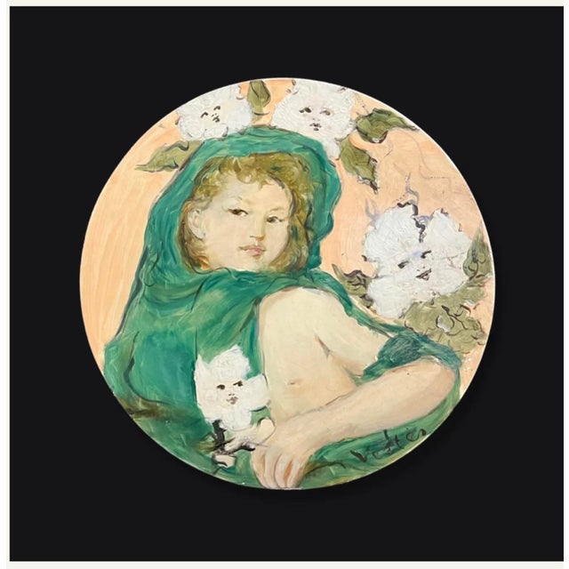 Vintage Tondo Original Expressionist Portrait Painting of a Woman by Marcel Vertès For Sale - Image 6 of 6