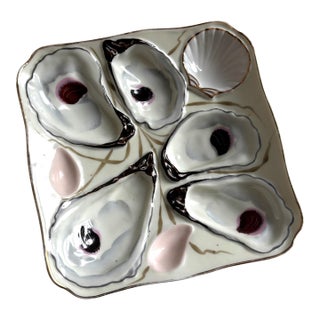 Antique French Porcelain Oyster Plate – Square, Hand-Painted, C. 1880-1910 For Sale