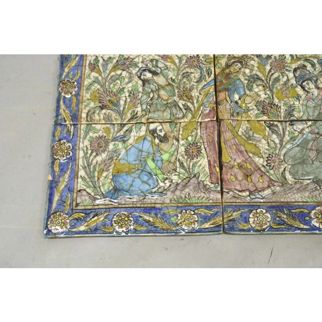 Early 20th Century Antique Persian Iznik Qajar Style Ceramic Pottery Tile Mosaic Woman & Servant C7 For Sale - Image 5 of 12