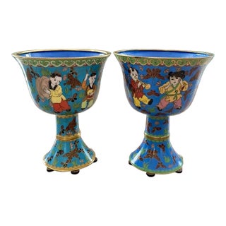 Pair of 1980s Chinese Cloisonné Stem Cups With Boys and Butterflies For Sale