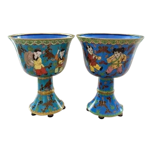 Pair of 1980s Chinese Cloisonné Stem Cups With Boys and Butterflies