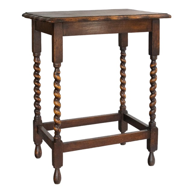 Antique English Oak Barley Twist Scalloped Side Table For Sale