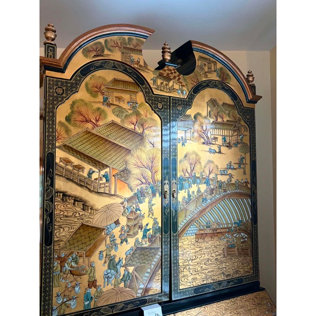 Late 20th Century Hand-Painted Vintage Chinoiserie Village Scene Secretary Desk & Bookcase For Sale - Image 5 of 17