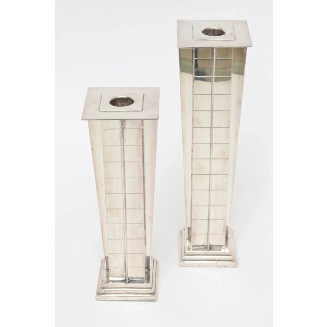 Art Deco Vintage Silver Plate Deco Style "Skyscraper" Candlesticks Pair Of, 90's For Sale - Image 3 of 10